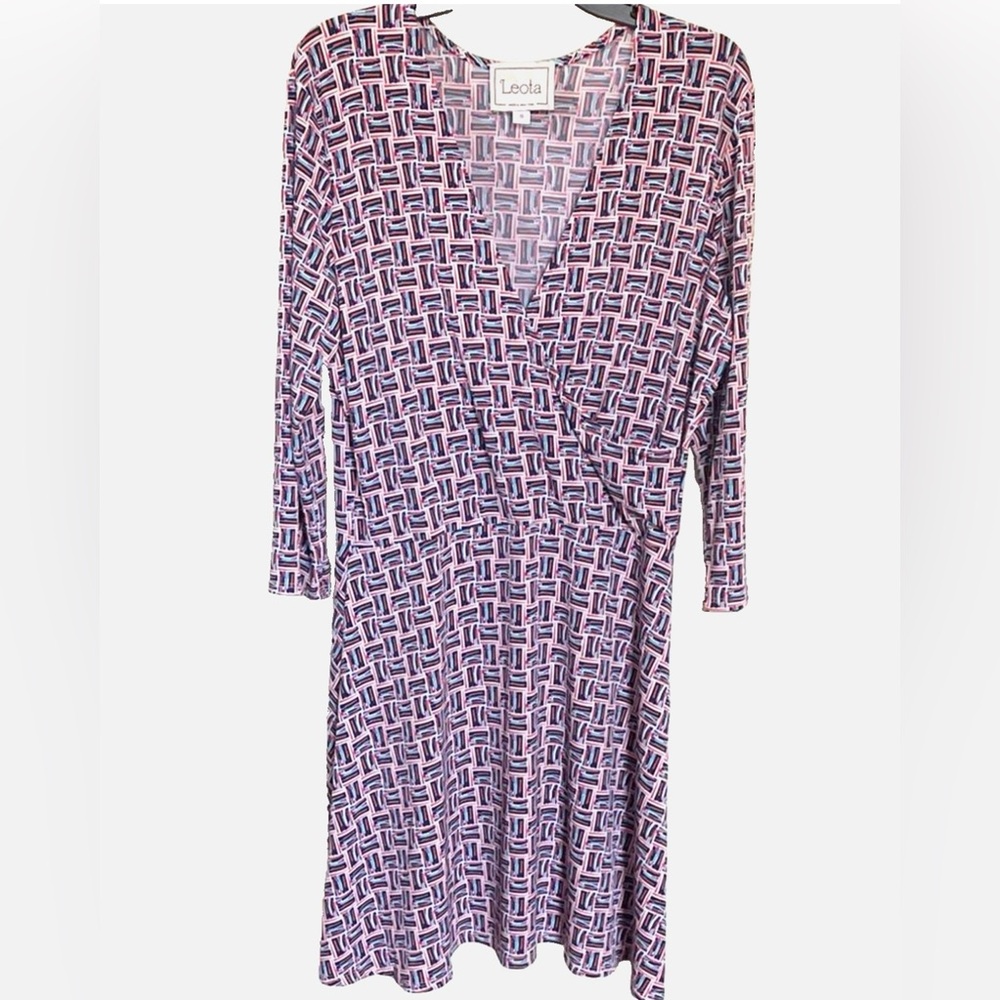 Leota Faux Wrap Midi Dress Large Geometric Print Career Office Stretch